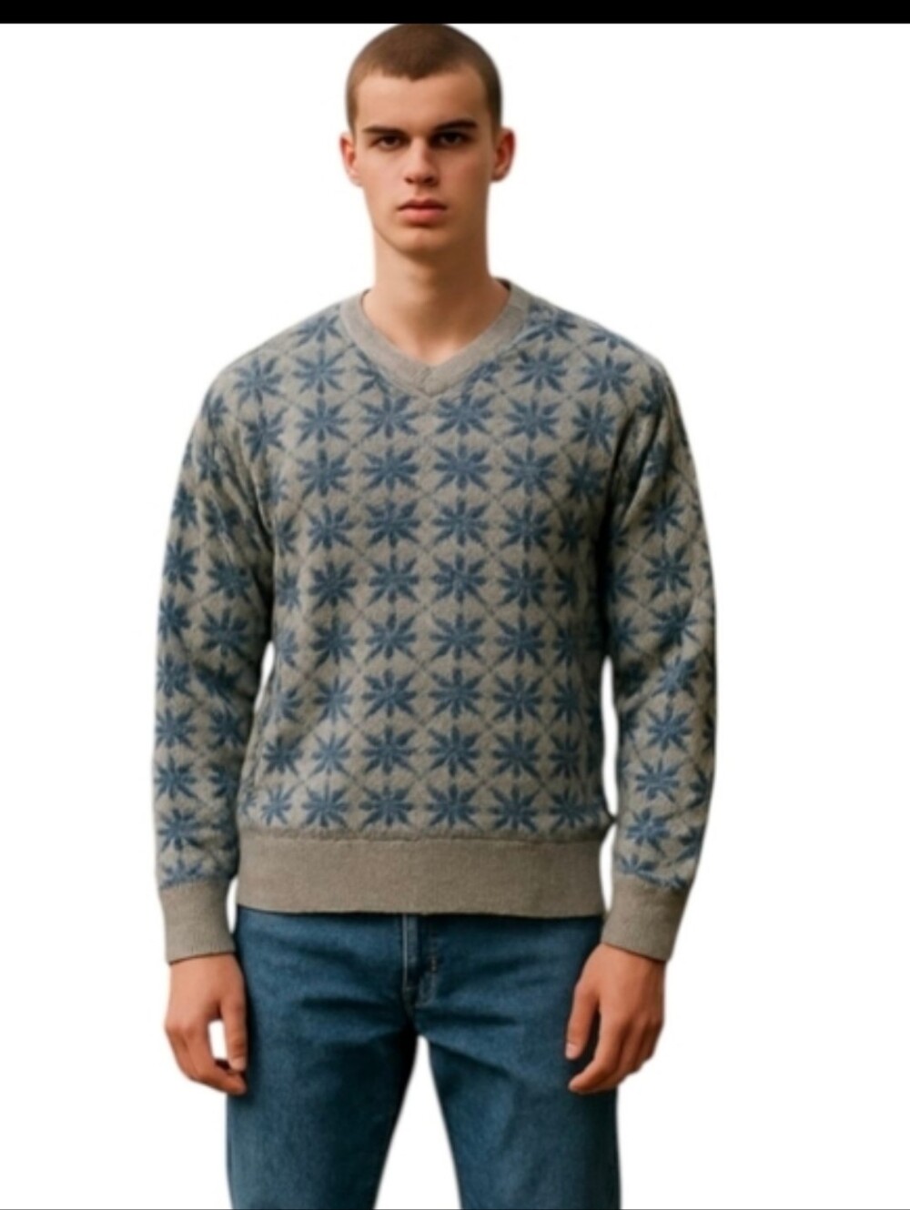 Vtg. Hickey Freeman wool gray/slate blue snowflake pattern v neck sweater sz XL
